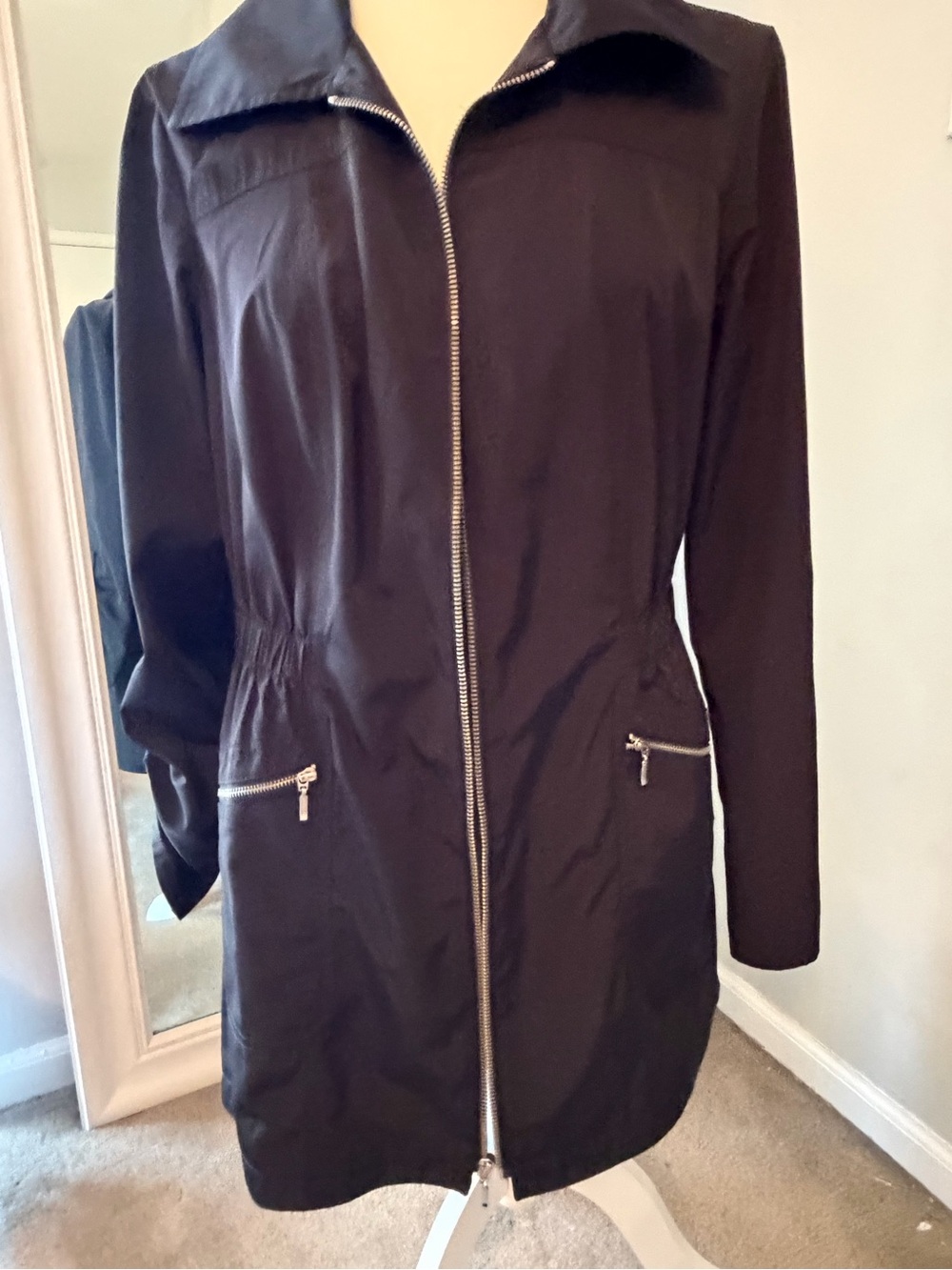 Chico's Black Zip-Front Trench Coat with Silver Hardware